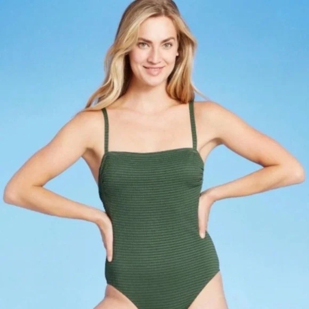 Kona Sol Olive Hunter Green One Piece Open Tie Back Lace Up Padded Swimming Suit